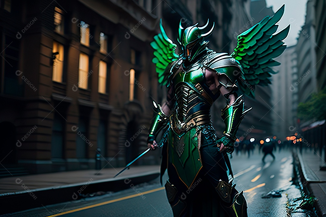 Anjo com armadura na cidade em chamas.