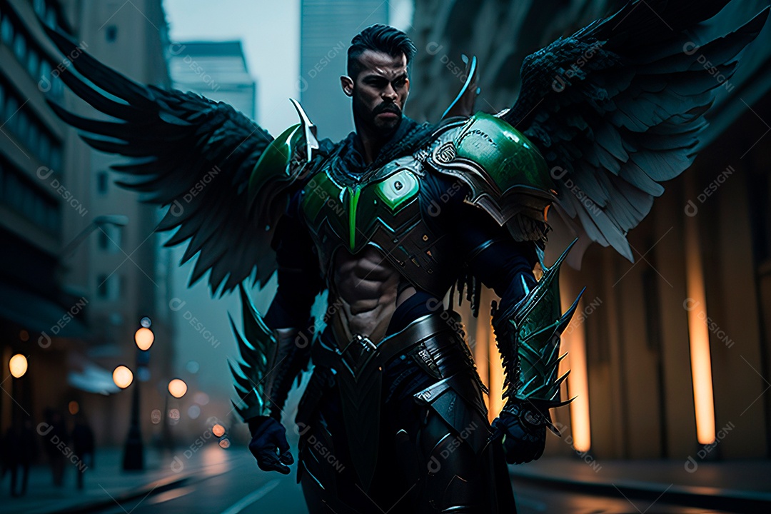 Anjo com armadura na cidade em chamas.