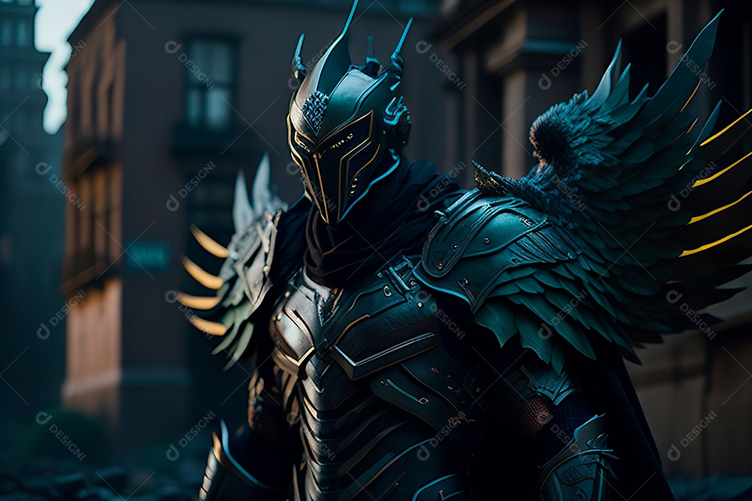 Anjo com armadura na cidade em chamas.