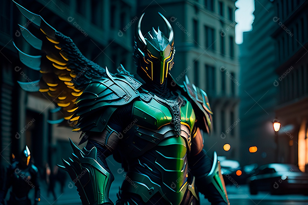 Anjo com armadura na cidade em chamas.