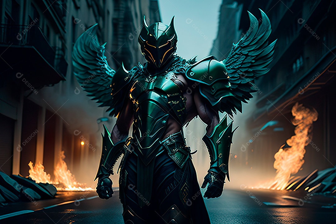 Anjo com armadura na cidade em chamas.
