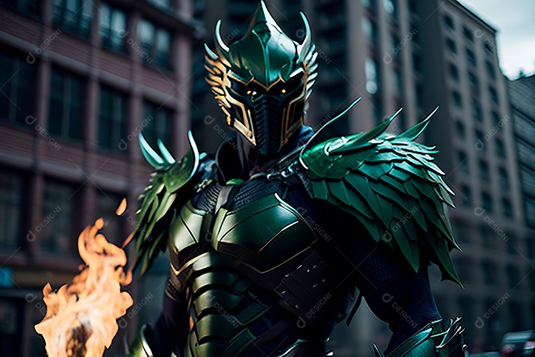 Anjo com armadura na cidade em chamas.