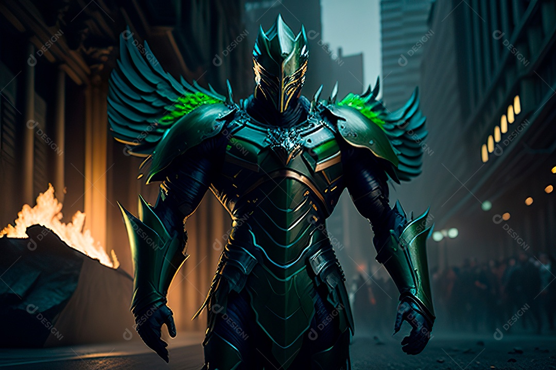 Anjo com armadura na cidade em chamas.