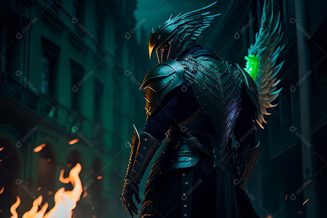 Anjo com armadura na cidade em chamas.