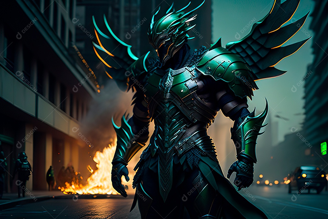 Anjo com armadura na cidade em chamas.