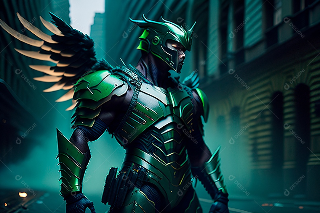 Anjo com armadura na cidade em chamas.