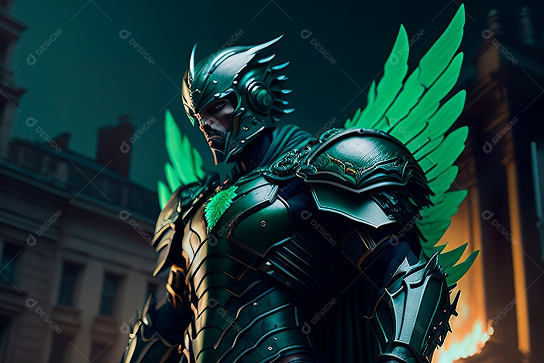 Anjo com armadura na cidade em chamas.