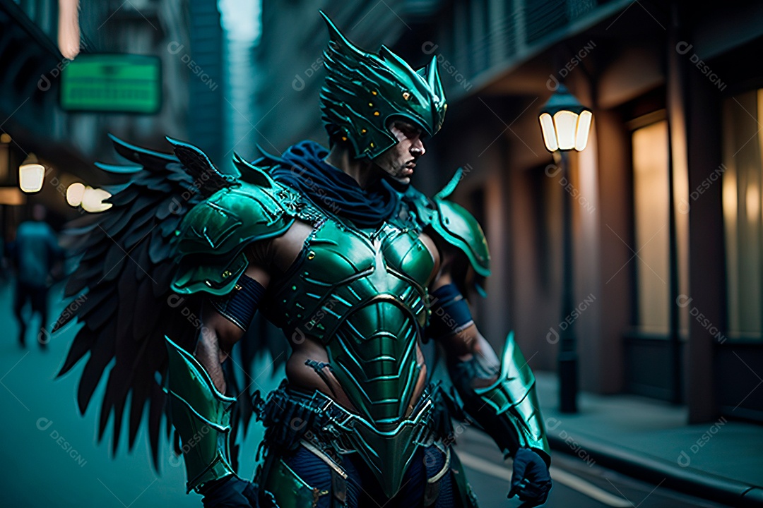 Anjo com armadura na cidade em chamas.