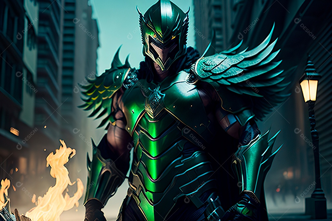 Anjo com armadura na cidade em chamas.