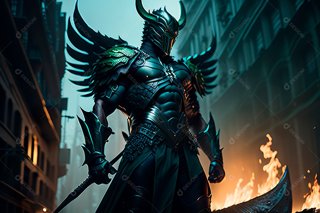 Anjo com armadura na cidade em chamas.