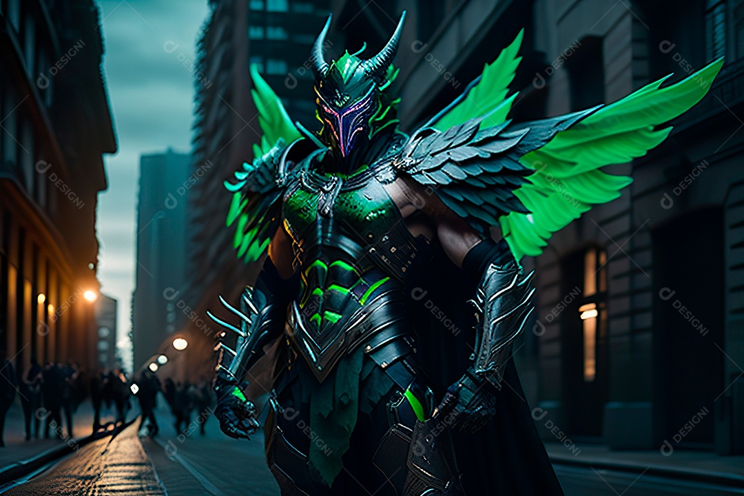 Anjo com armadura na cidade em chamas.