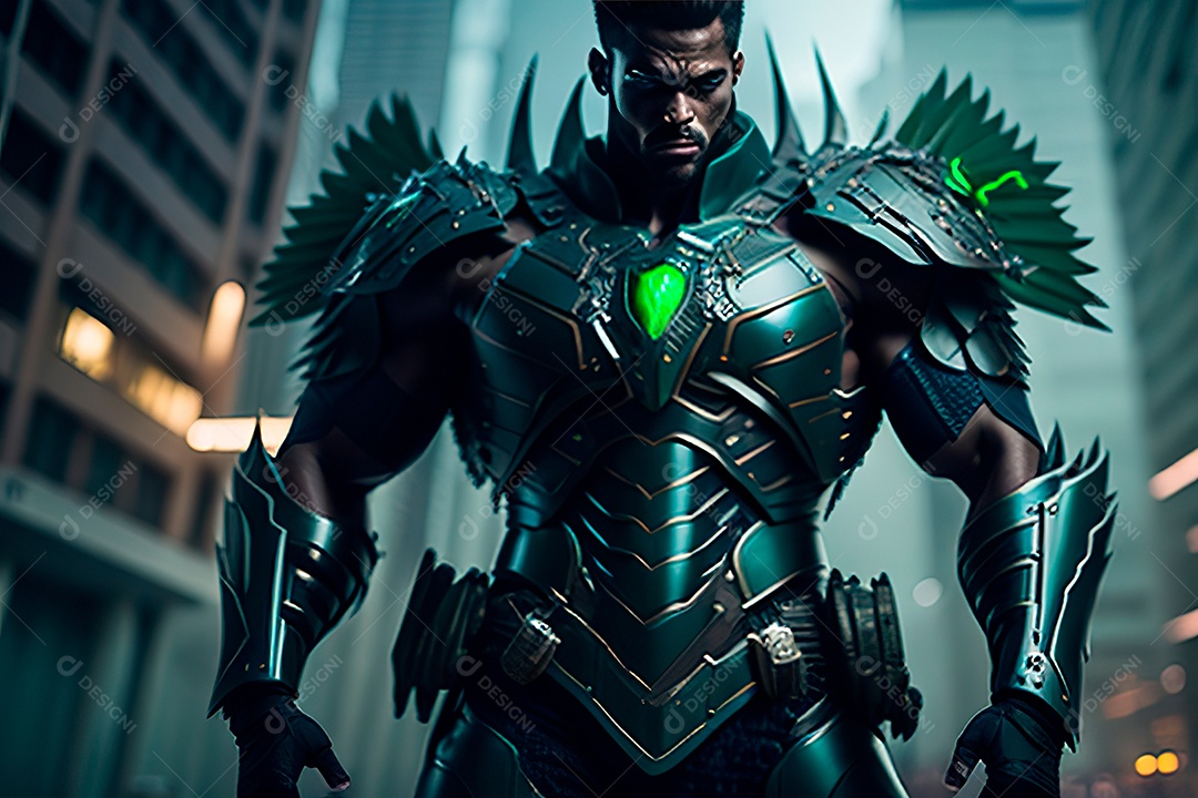 Anjo com armadura na cidade em chamas.