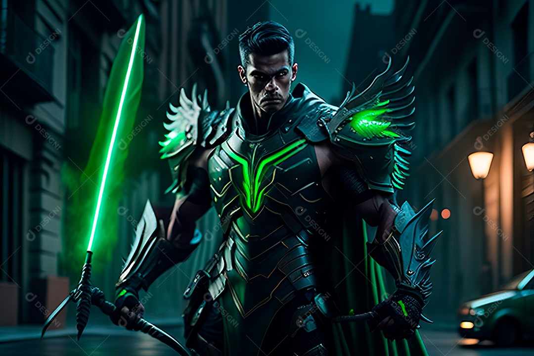 Anjo com armadura na cidade em chamas.