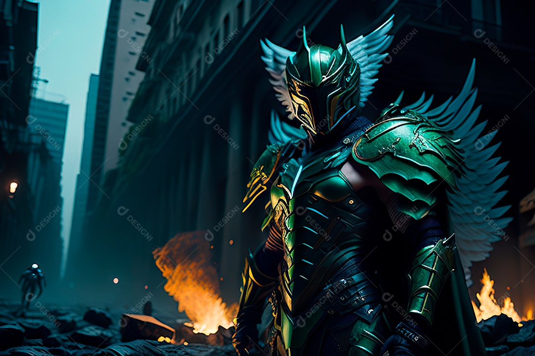 Anjo com armadura na cidade em chamas.