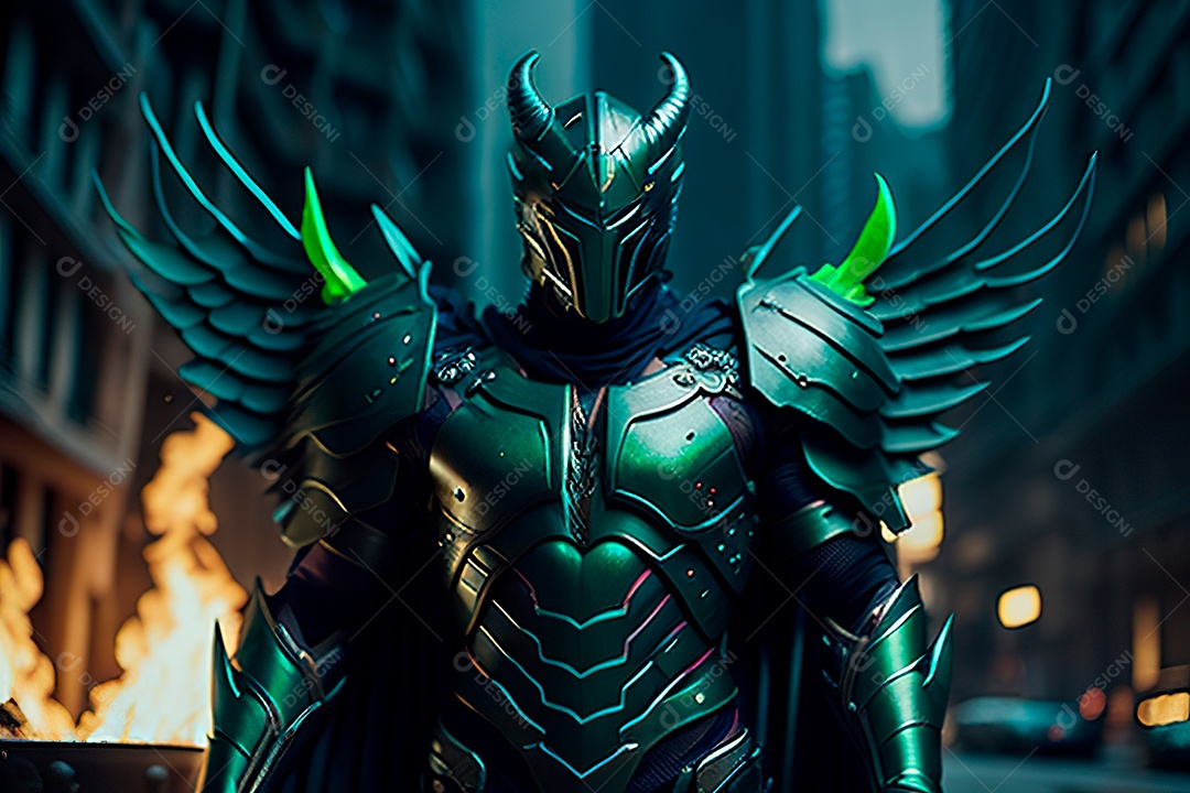 Anjo com armadura na cidade em chamas.