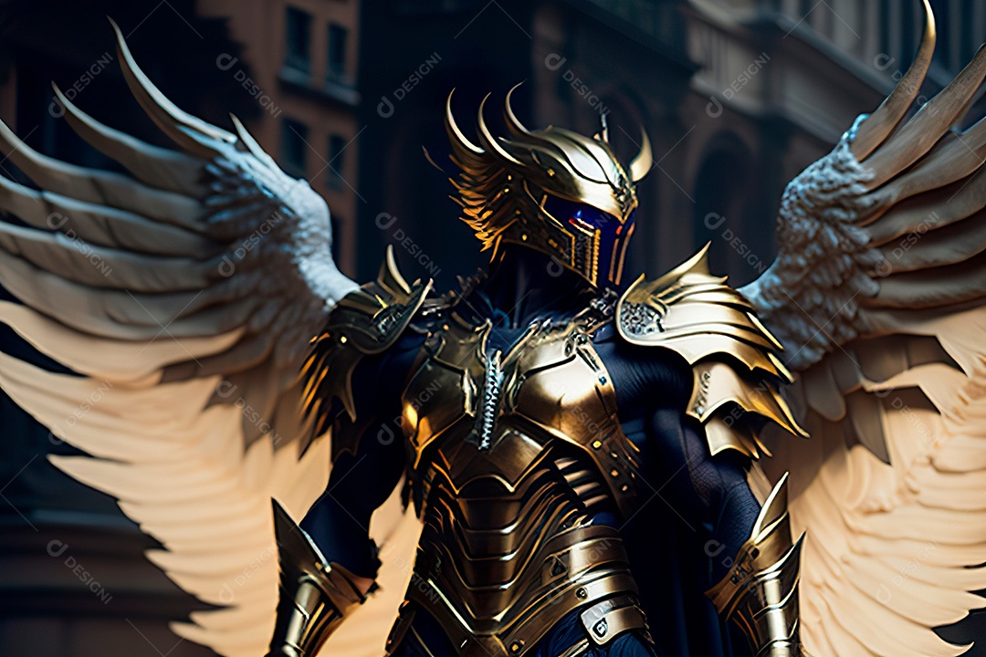 Anjo com armadura na cidade em chamas.