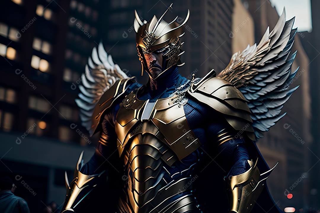 Anjo com armadura na cidade em chamas.