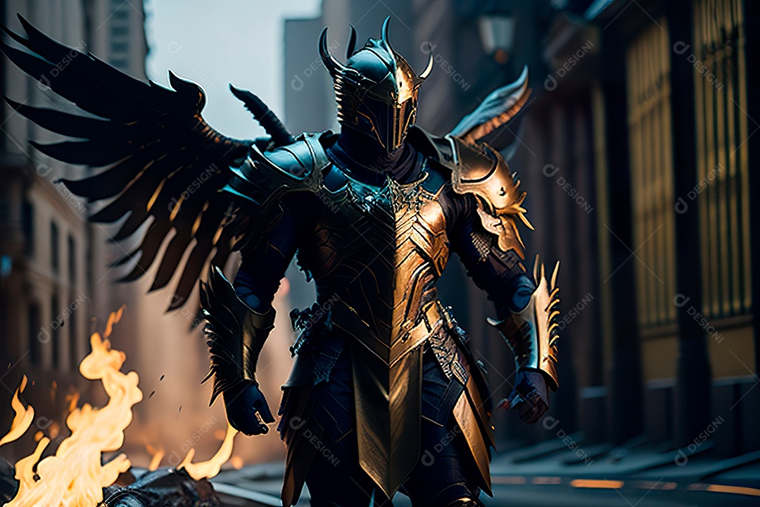 Anjo com armadura na cidade em chamas.
