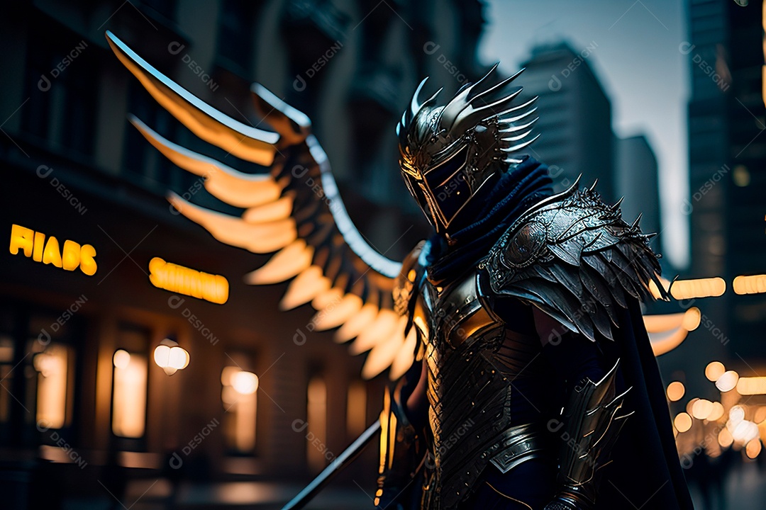 Anjo com armadura na cidade em chamas.