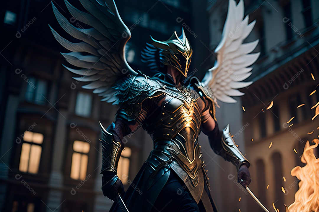 Anjo com armadura na cidade em chamas.