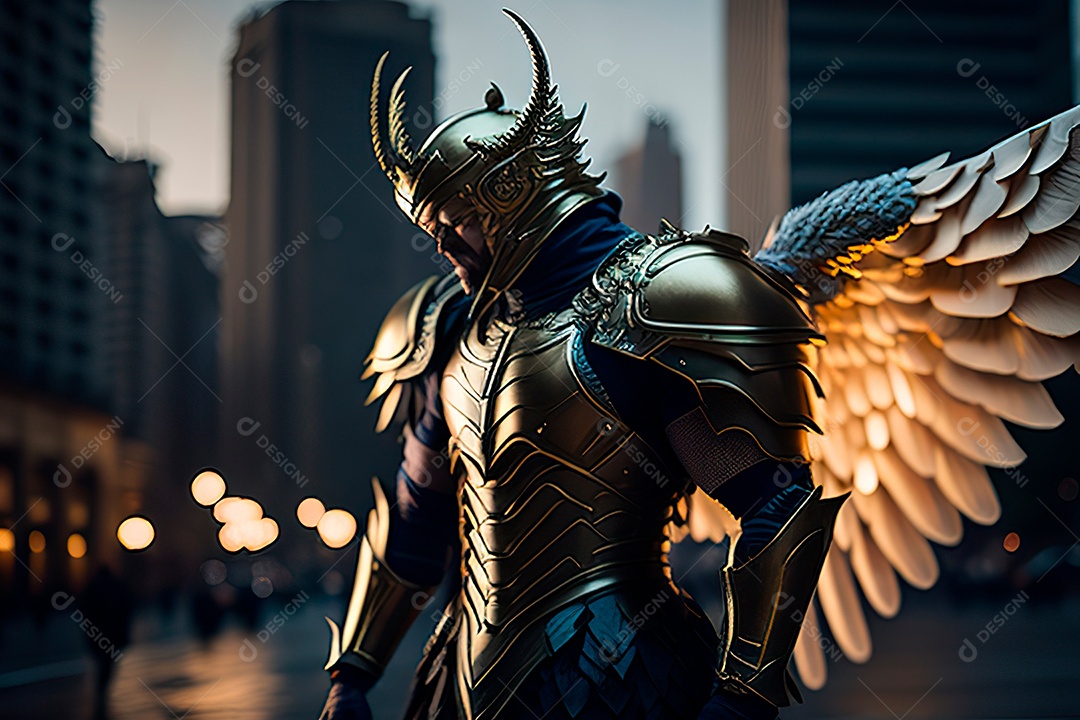 Anjo com armadura na cidade em chamas.