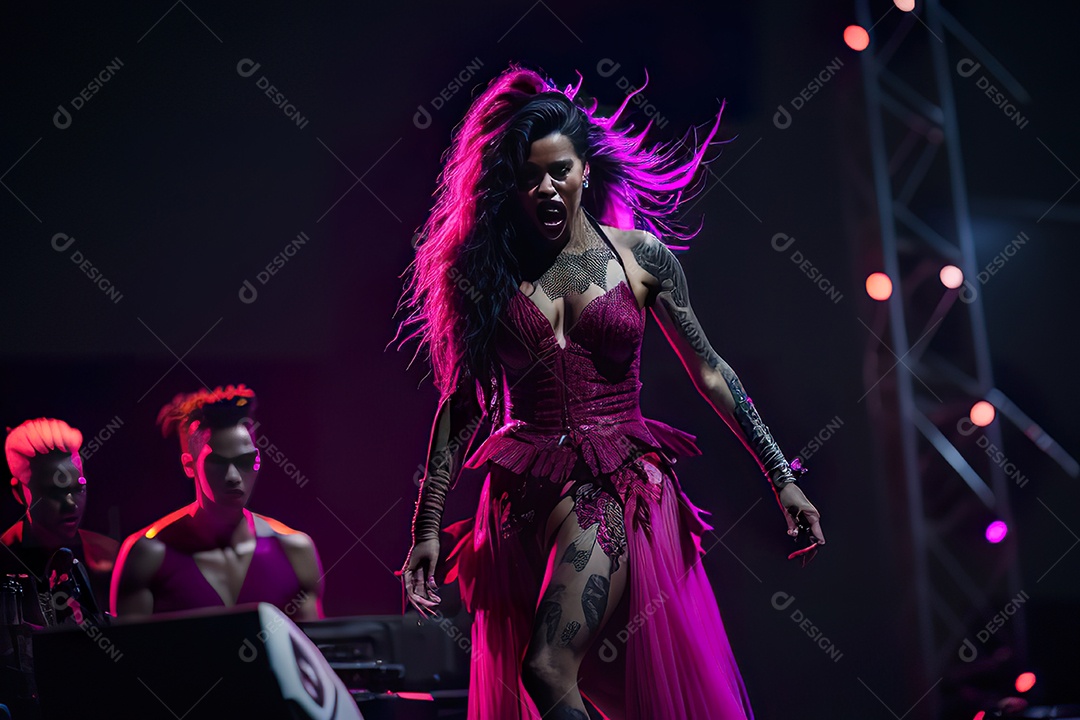 Mulher jovem cantando sobre palco