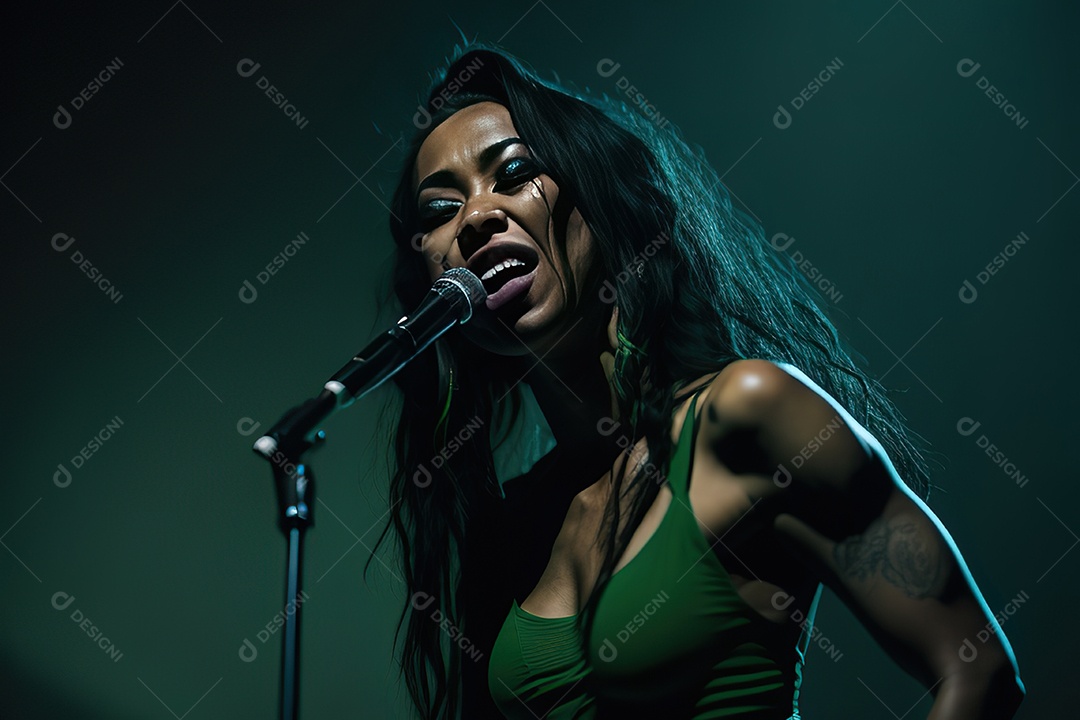 Mulher jovem cantando sobre palco