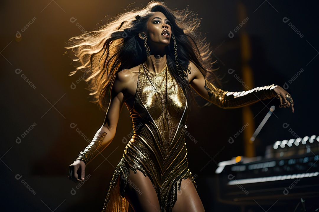 Mulher jovem cantando sobre palco.