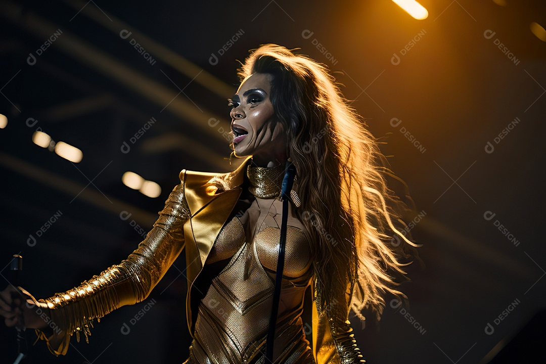 Mulher jovem cantando sobre palco.