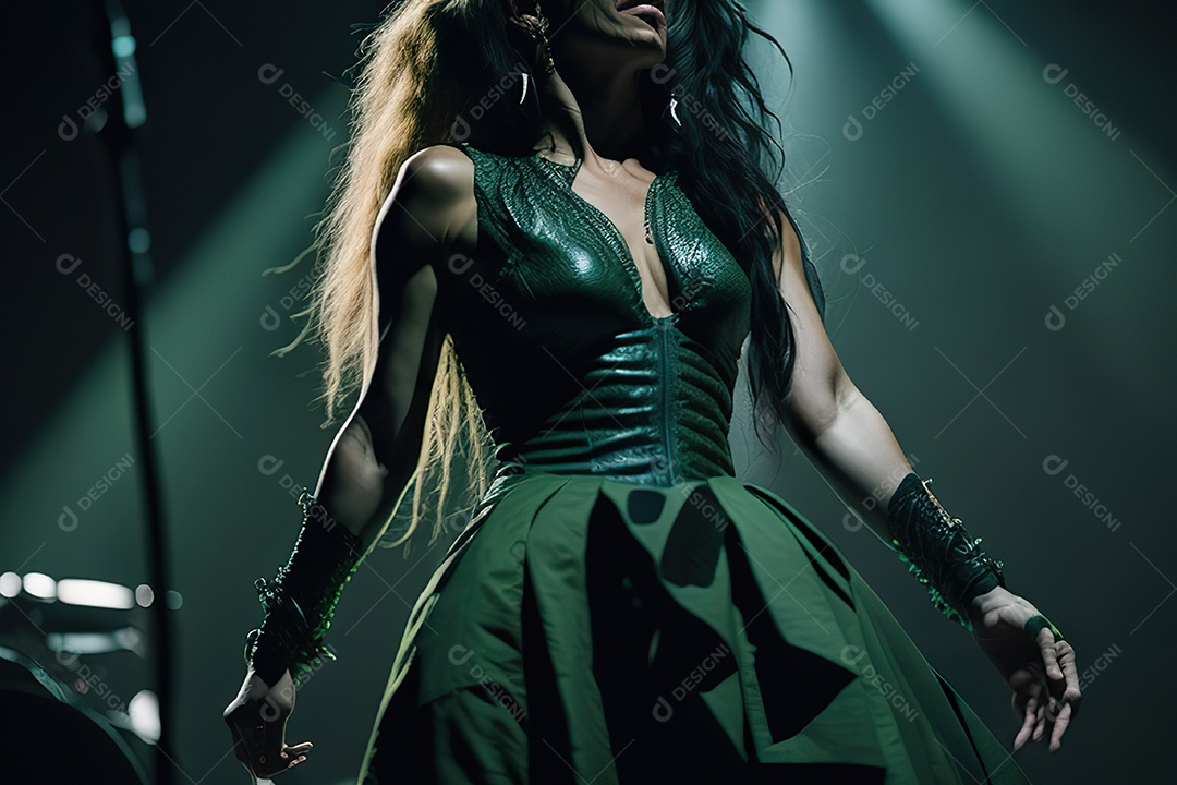 Mulher jovem cantando sobre palco