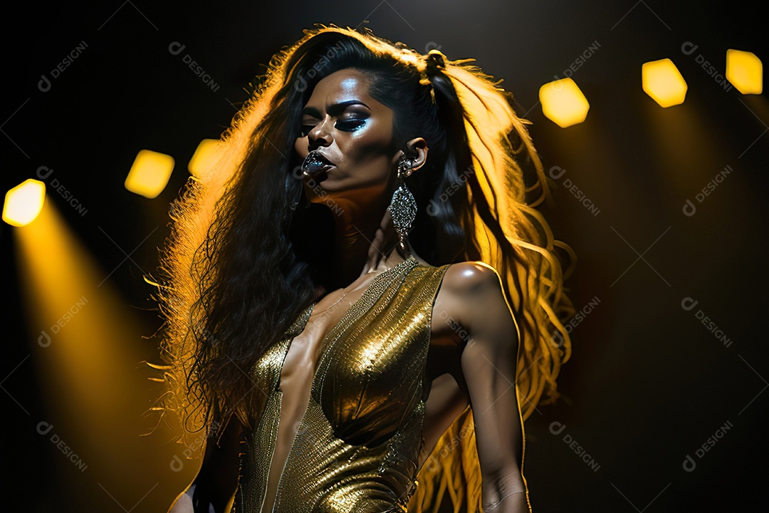 Mulher jovem cantando sobre palco.