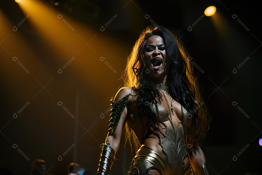 Mulher jovem cantando sobre palco.