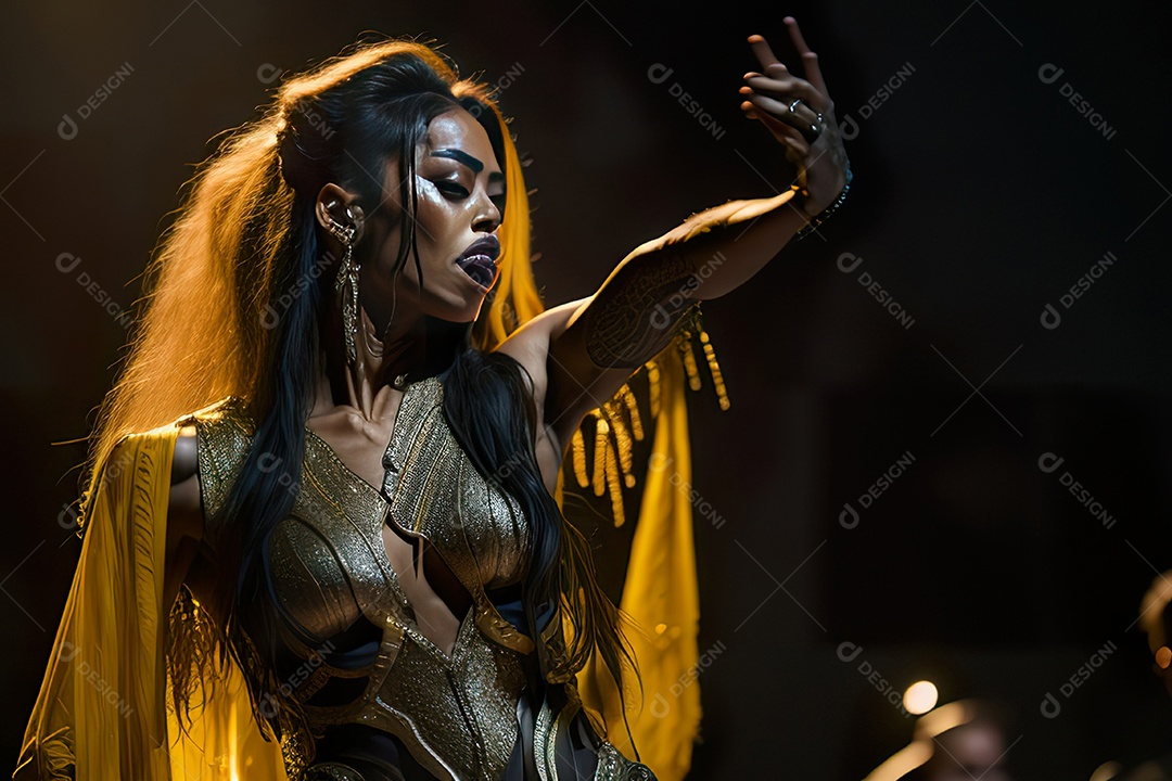 Mulher jovem cantando sobre palco.