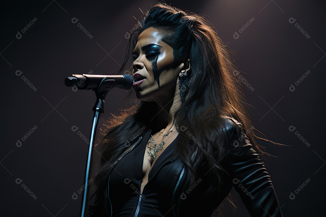 Mulher jovem cantando sobre palco