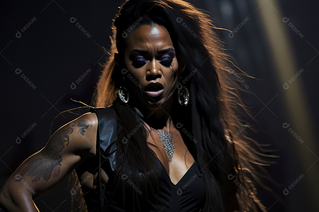 Mulher jovem cantando sobre palco