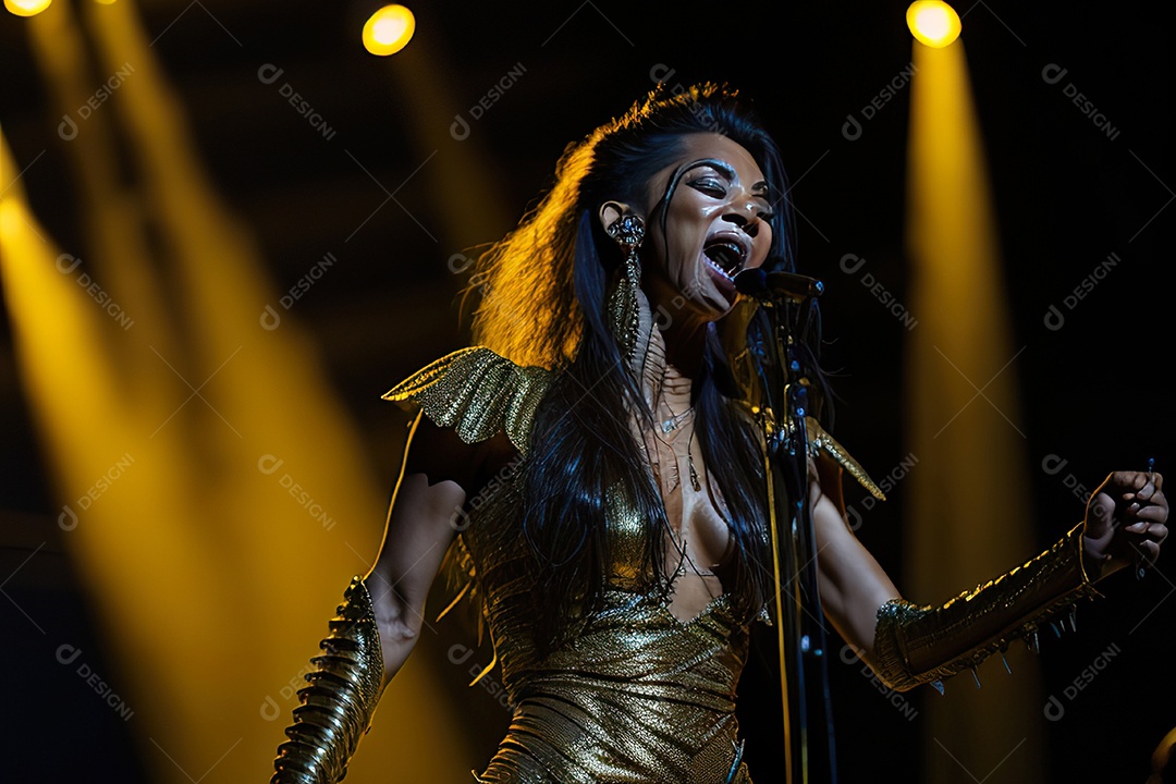 Mulher jovem cantando sobre palco.