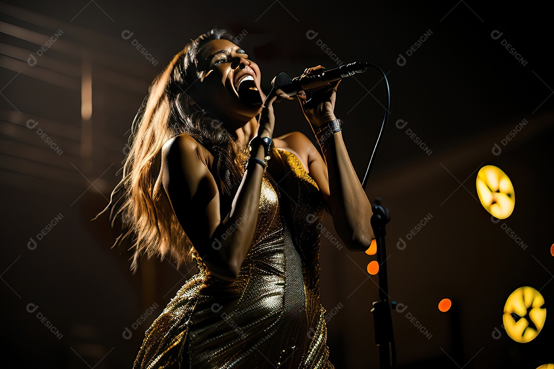 Mulher jovem cantando sobre palco.