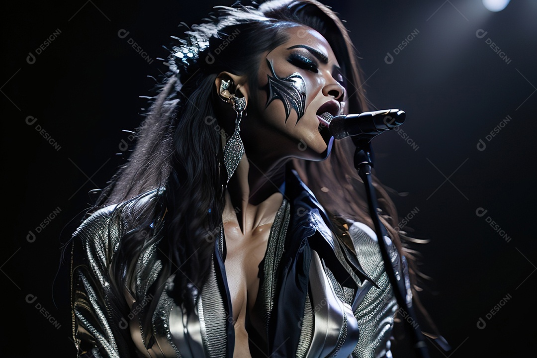 Mulher jovem cantando sobre palco.