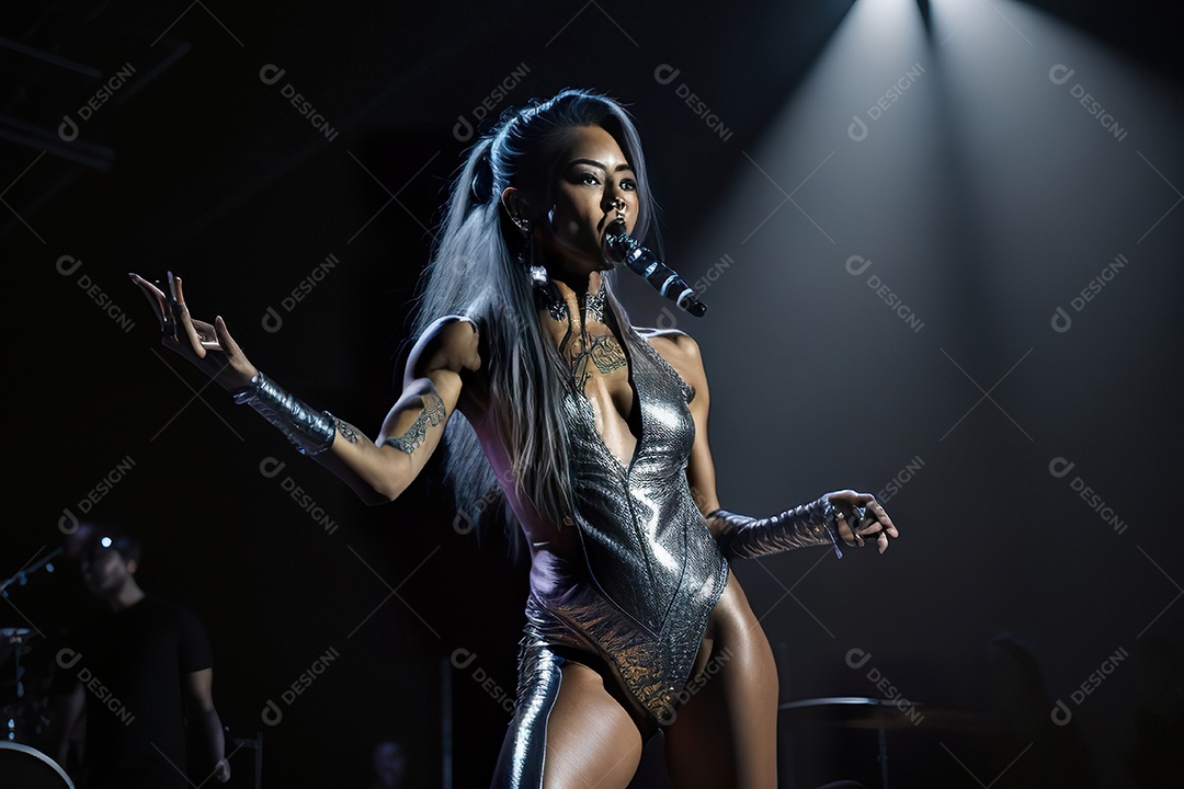 Mulher jovem cantando sobre palco.