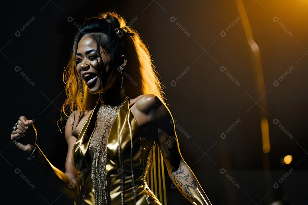 Mulher jovem cantando sobre palco