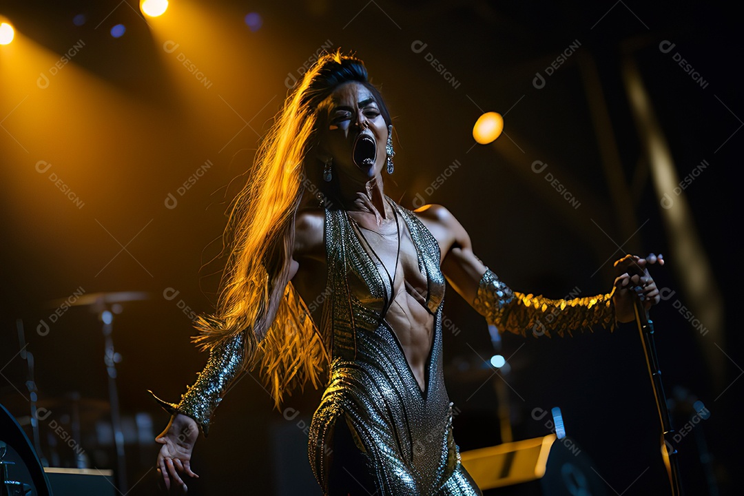 Mulher jovem cantando sobre palco