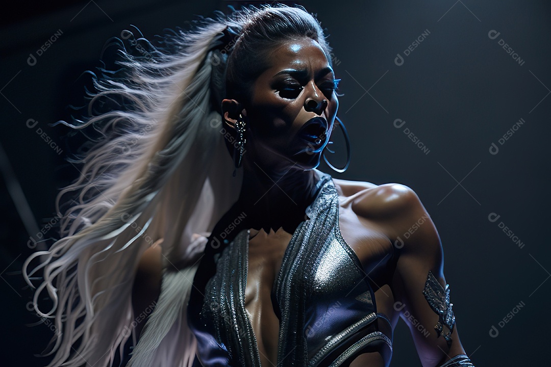 Mulher jovem cantando sobre palco.