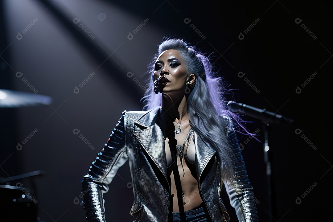 Mulher jovem cantando sobre palco.