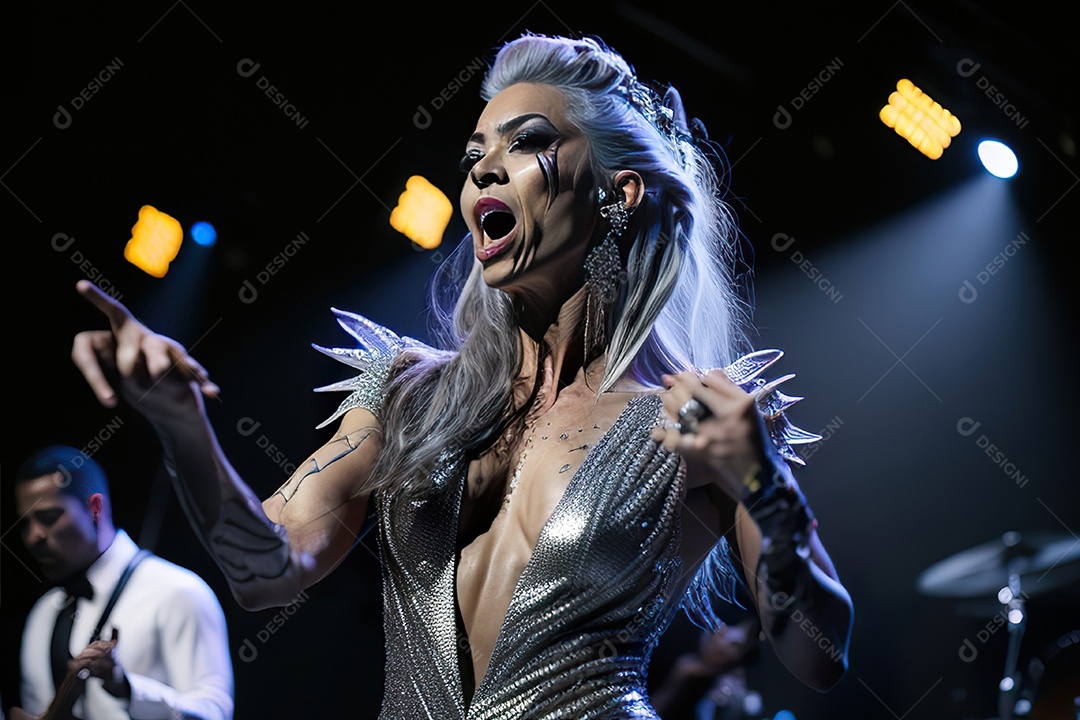 Mulher jovem cantando sobre palco.