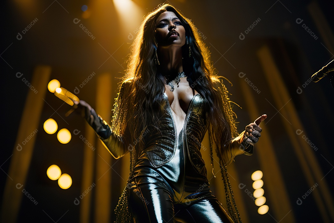 Mulher jovem cantando sobre palco