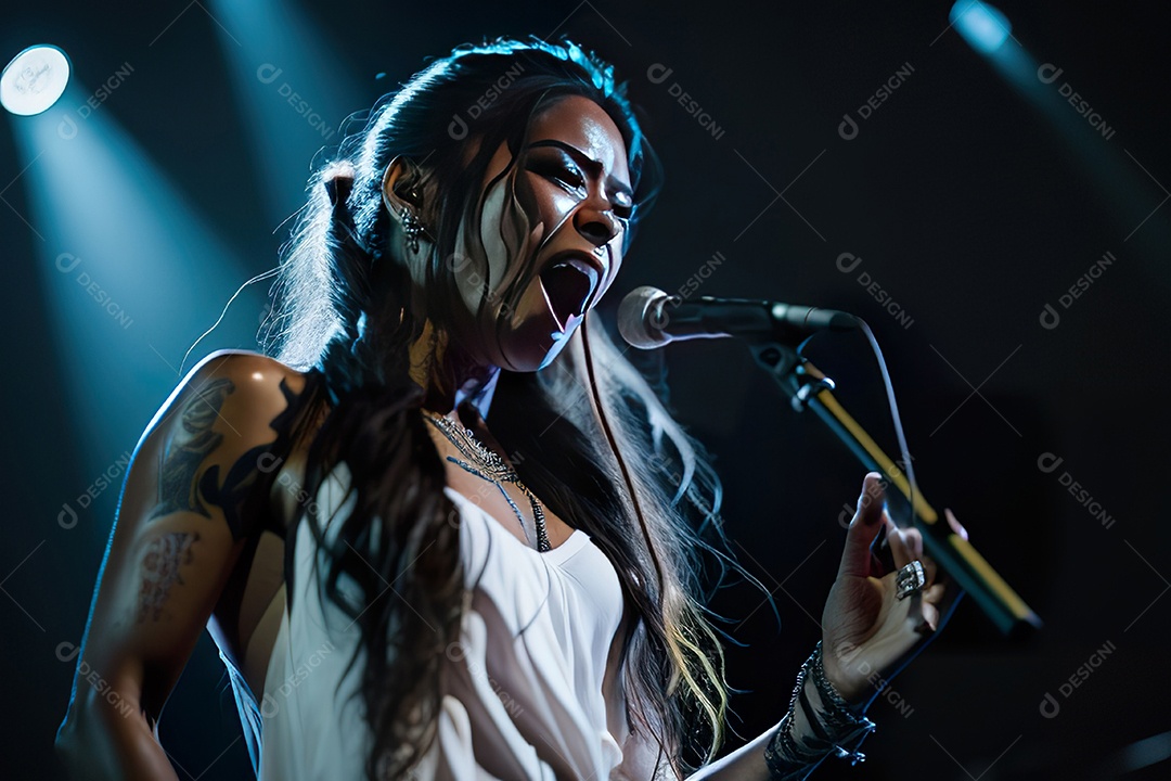 Cantora fazendo show no palco.