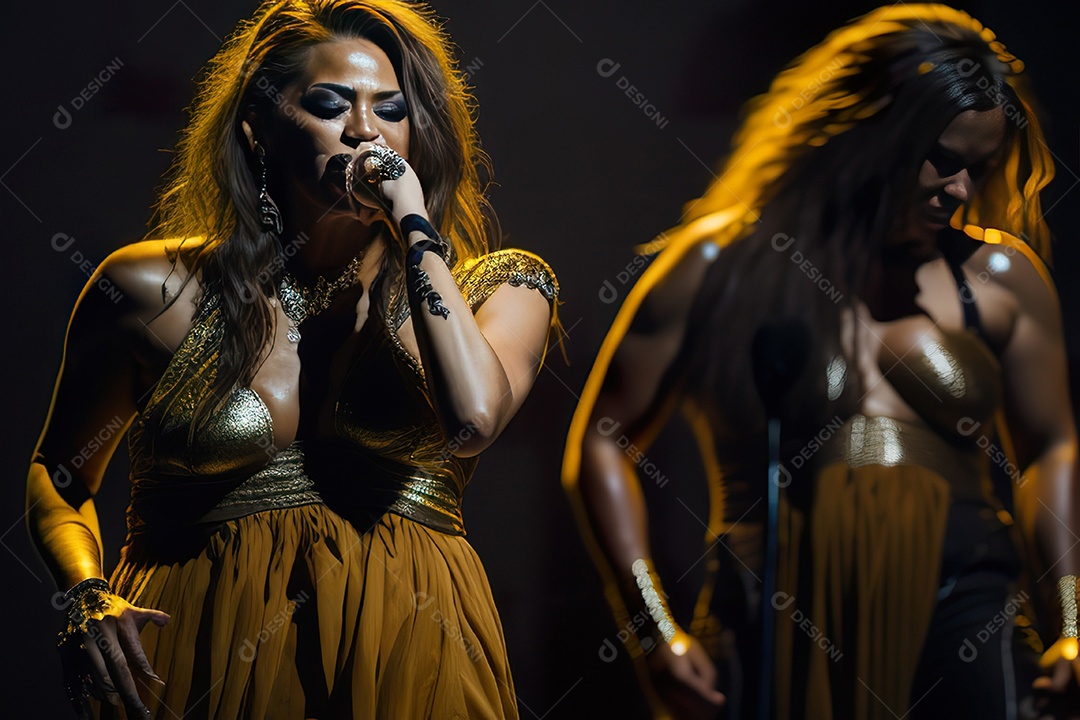 Mulher jovem cantando sobre palco.