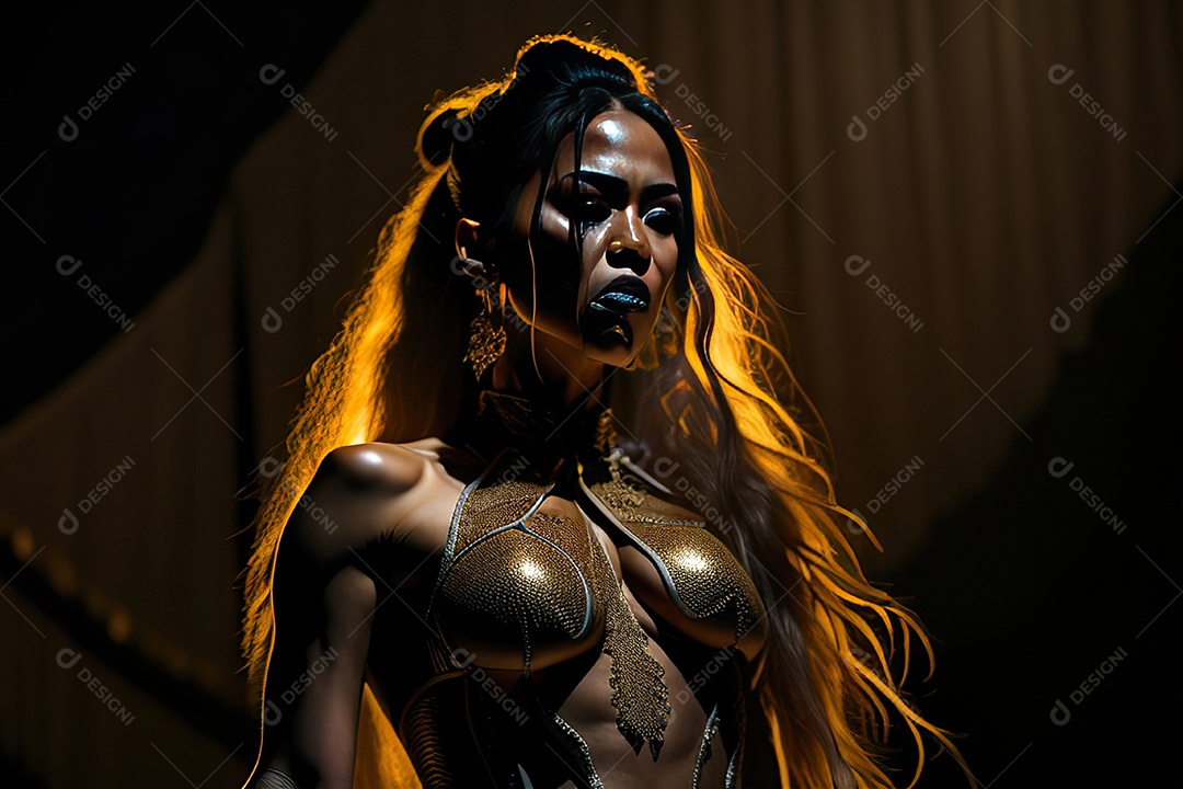 Mulher jovem cantando sobre palco.