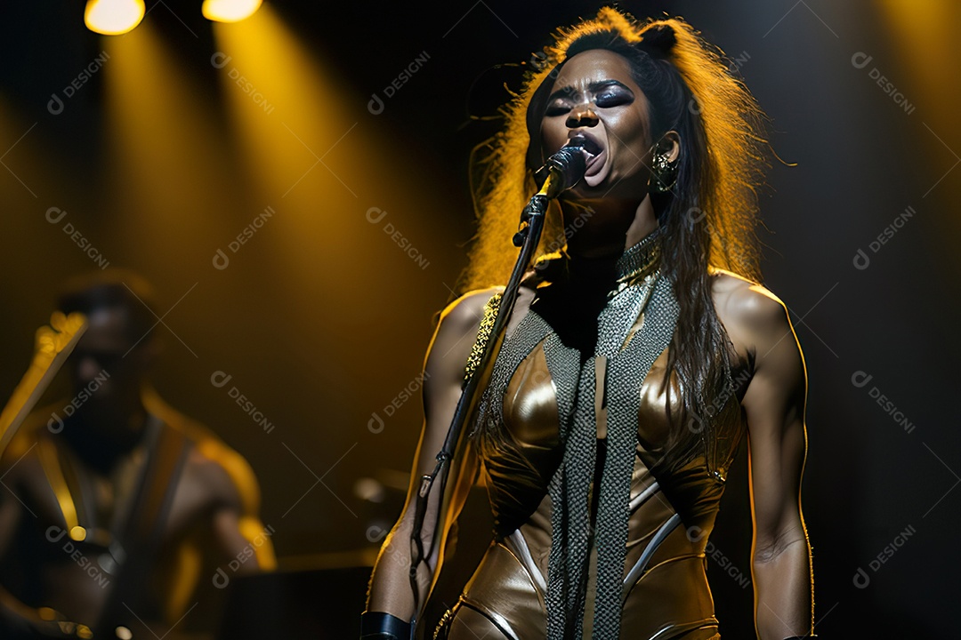 Mulher jovem cantando sobre palco.