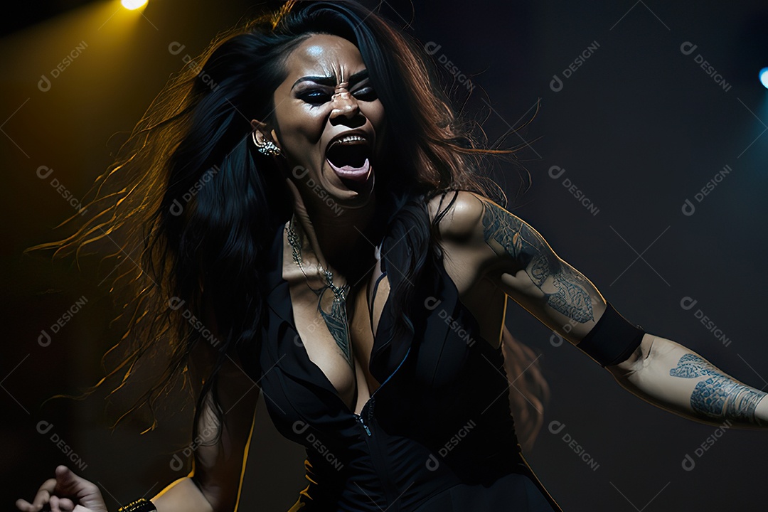 Mulher jovem cantando sobre palco